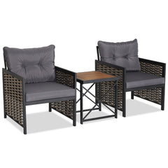 3 Piece Patio Rattan Set, 2 Woven Armchairs Rated 360 lb with Grey Cushions and 19 in Solid Acacia Top Side Table