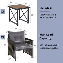 3 Piece Patio Rattan Set, 2 Woven Armchairs Rated 360 lb with Grey Cushions and 19 in Solid Acacia Top Side Table