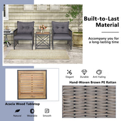 3 Piece Patio Rattan Set, 2 Woven Armchairs Rated 360 lb with Grey Cushions and 19 in Solid Acacia Top Side Table