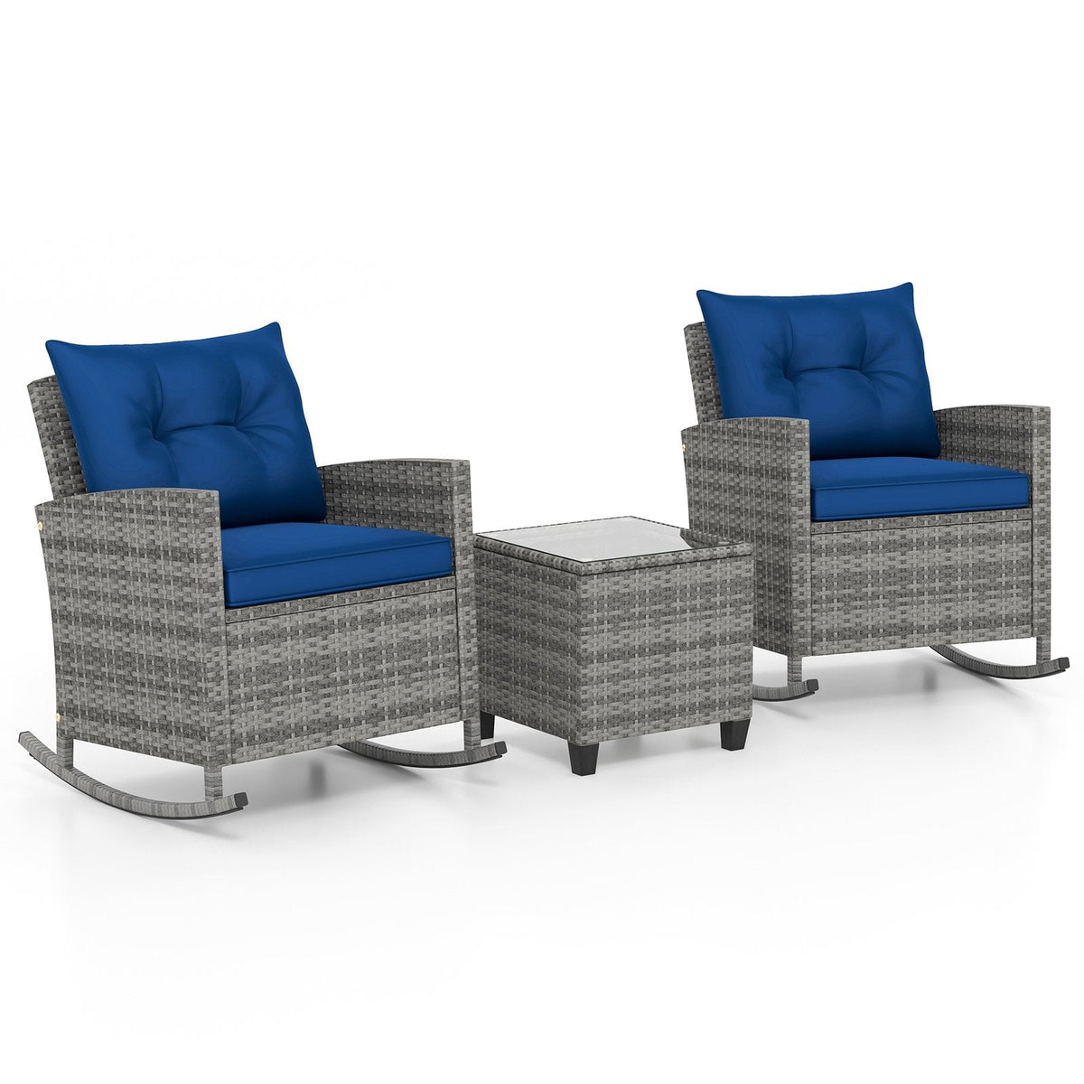 3 Piece Patio Rattan Rocking Chair Set, 2 Mix Grey Wicker Rockers Rated 400 lb with Blue Cushions and an 18 in Glass Top Table