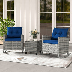 3 Piece Patio Rattan Rocking Chair Set, 2 Mix Grey Wicker Rockers Rated 400 lb with Blue Cushions and an 18 in Glass Top Table