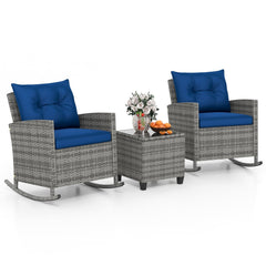 3 Piece Patio Rattan Rocking Chair Set, 2 Mix Grey Wicker Rockers Rated 400 lb with Blue Cushions and an 18 in Glass Top Table