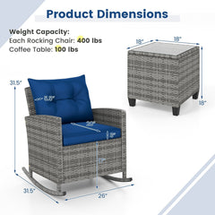 3 Piece Patio Rattan Rocking Chair Set, 2 Mix Grey Wicker Rockers Rated 400 lb with Blue Cushions and an 18 in Glass Top Table