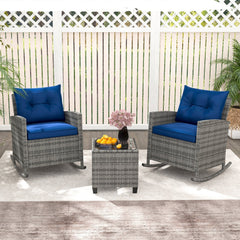 3 Piece Patio Rattan Rocking Chair Set, 2 Mix Grey Wicker Rockers Rated 400 lb with Blue Cushions and an 18 in Glass Top Table
