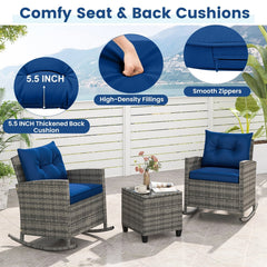 3 Piece Patio Rattan Rocking Chair Set, 2 Mix Grey Wicker Rockers Rated 400 lb with Blue Cushions and an 18 in Glass Top Table