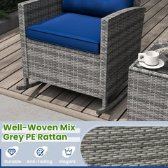 3 Piece Patio Rattan Rocking Chair Set, 2 Mix Grey Wicker Rockers Rated 400 lb with Blue Cushions and an 18 in Glass Top Table