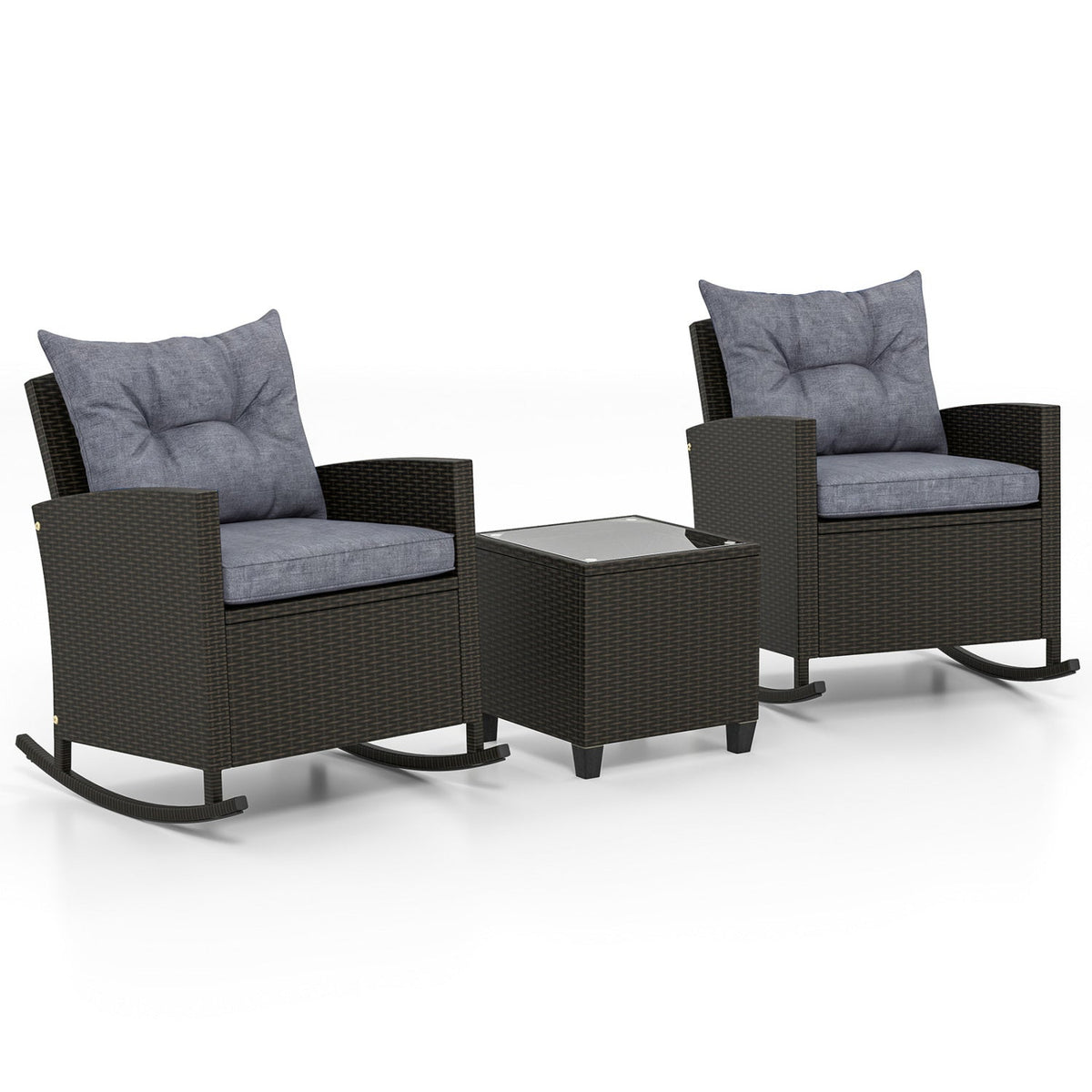 3 Piece Patio Rattan Rocking Chair Set, 2 Dark Brown Wicker Rockers Rated 400 lb with Grey Cushions and an 18 in Glass Top Table