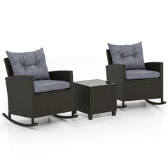 3 Piece Patio Rattan Rocking Chair Set, 2 Dark Brown Wicker Rockers Rated 400 lb with Grey Cushions and an 18 in Glass Top Table