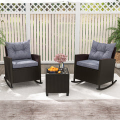3 Piece Patio Rattan Rocking Chair Set, 2 Dark Brown Wicker Rockers Rated 400 lb with Grey Cushions and an 18 in Glass Top Table