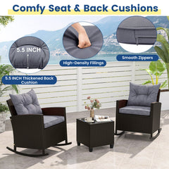3 Piece Patio Rattan Rocking Chair Set, 2 Dark Brown Wicker Rockers Rated 400 lb with Grey Cushions and an 18 in Glass Top Table