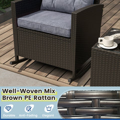 3 Piece Patio Rattan Rocking Chair Set, 2 Dark Brown Wicker Rockers Rated 400 lb with Grey Cushions and an 18 in Glass Top Table