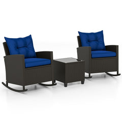 3 Piece Patio Rattan Rocking Chair Set, 2 Dark Brown Wicker Rockers Rated 400 lb with Blue Cushions and an 18 in Glass Top Table