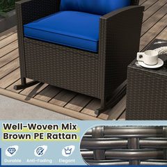 3 Piece Patio Rattan Rocking Chair Set, 2 Dark Brown Wicker Rockers Rated 400 lb with Blue Cushions and an 18 in Glass Top Table