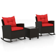3 Piece Patio Rattan Rocking Chair Set, 2 Dark Brown Wicker Rockers Rated 400 lb with Red Cushions and an 18 in Glass Top Table