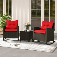3 Piece Patio Rattan Rocking Chair Set, 2 Dark Brown Wicker Rockers Rated 400 lb with Red Cushions and an 18 in Glass Top Table