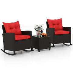 3 Piece Patio Rattan Rocking Chair Set, 2 Dark Brown Wicker Rockers Rated 400 lb with Red Cushions and an 18 in Glass Top Table