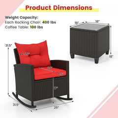 3 Piece Patio Rattan Rocking Chair Set, 2 Dark Brown Wicker Rockers Rated 400 lb with Red Cushions and an 18 in Glass Top Table