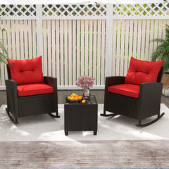 3 Piece Patio Rattan Rocking Chair Set, 2 Dark Brown Wicker Rockers Rated 400 lb with Red Cushions and an 18 in Glass Top Table