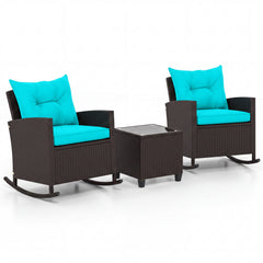 3 Piece Patio Rattan Rocking Chair Set, 2 Dark Brown Wicker Rockers Rated 400 lb with Turquoise Cushions and an 18 in Glass Top Table