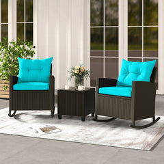 3 Piece Patio Rattan Rocking Chair Set, 2 Dark Brown Wicker Rockers Rated 400 lb with Turquoise Cushions and an 18 in Glass Top Table