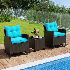 3 Piece Patio Rattan Rocking Chair Set, 2 Dark Brown Wicker Rockers Rated 400 lb with Turquoise Cushions and an 18 in Glass Top Table