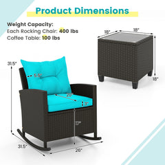 3 Piece Patio Rattan Rocking Chair Set, 2 Dark Brown Wicker Rockers Rated 400 lb with Turquoise Cushions and an 18 in Glass Top Table