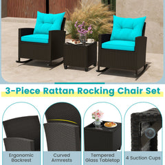 3 Piece Patio Rattan Rocking Chair Set, 2 Dark Brown Wicker Rockers Rated 400 lb with Turquoise Cushions and an 18 in Glass Top Table