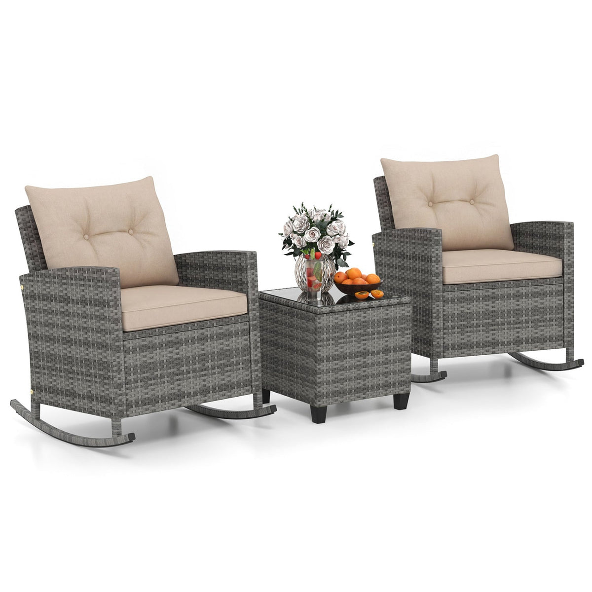 3 Piece Patio Rattan Rocking Chair Set, 2 Mix Grey Wicker Rockers Rated 400 lb with Tan Cushions and an 18 in Glass Top Table