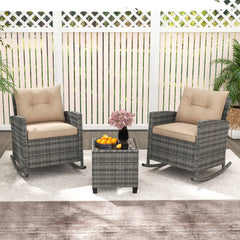 3 Piece Patio Rattan Rocking Chair Set, 2 Mix Grey Wicker Rockers Rated 400 lb with Tan Cushions and an 18 in Glass Top Table