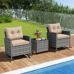3 Piece Patio Rattan Rocking Chair Set, 2 Mix Grey Wicker Rockers Rated 400 lb with Tan Cushions and an 18 in Glass Top Table