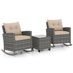 3 Piece Patio Rattan Rocking Chair Set, 2 Mix Grey Wicker Rockers Rated 400 lb with Tan Cushions and an 18 in Glass Top Table