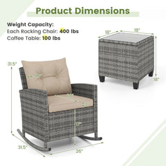 3 Piece Patio Rattan Rocking Chair Set, 2 Mix Grey Wicker Rockers Rated 400 lb with Tan Cushions and an 18 in Glass Top Table