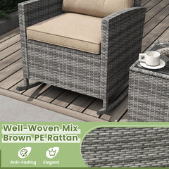 3 Piece Patio Rattan Rocking Chair Set, 2 Mix Grey Wicker Rockers Rated 400 lb with Tan Cushions and an 18 in Glass Top Table