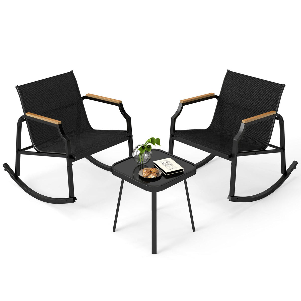 3 Piece Patio Rocking Bistro Set, 2 Sling Rockers Rated 330 lb with 22 in Seats, Wood Plastic Armrests and Glass Top Table, Black