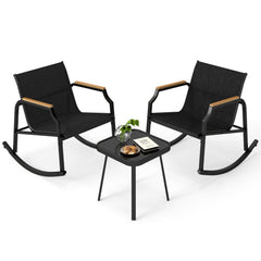3 Piece Patio Rocking Bistro Set, 2 Sling Rockers Rated 330 lb with 22 in Seats, Wood Plastic Armrests and Glass Top Table, Black