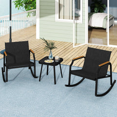 3 Piece Patio Rocking Bistro Set, 2 Sling Rockers Rated 330 lb with 22 in Seats, Wood Plastic Armrests and Glass Top Table, Black