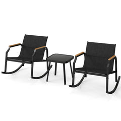 3 Piece Patio Rocking Bistro Set, 2 Sling Rockers Rated 330 lb with 22 in Seats, Wood Plastic Armrests and Glass Top Table, Black