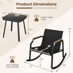 3 Piece Patio Rocking Bistro Set, 2 Sling Rockers Rated 330 lb with 22 in Seats, Wood Plastic Armrests and Glass Top Table, Black