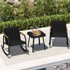 3 Piece Patio Rocking Bistro Set, 2 Sling Rockers Rated 330 lb with 22 in Seats, Wood Plastic Armrests and Glass Top Table, Black