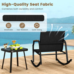 3 Piece Patio Rocking Bistro Set, 2 Sling Rockers Rated 330 lb with 22 in Seats, Wood Plastic Armrests and Glass Top Table, Black