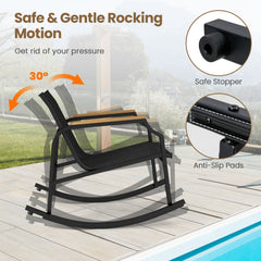 3 Piece Patio Rocking Bistro Set, 2 Sling Rockers Rated 330 lb with 22 in Seats, Wood Plastic Armrests and Glass Top Table, Black