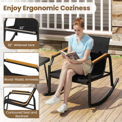 3 Piece Patio Rocking Bistro Set, 2 Sling Rockers Rated 330 lb with 22 in Seats, Wood Plastic Armrests and Glass Top Table, Black