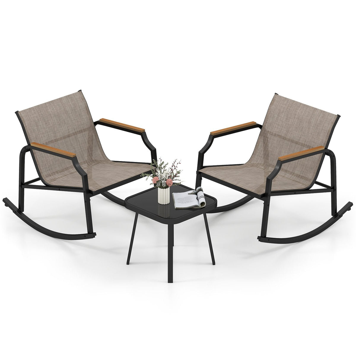 3 Piece Patio Rocking Bistro Set, 2 Sling Rockers Rated 330 lb with 22 in Seats, Wood Plastic Armrests and Glass Top Table, Brown
