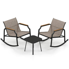 3 Piece Patio Rocking Bistro Set, 2 Sling Rockers Rated 330 lb with 22 in Seats, Wood Plastic Armrests and Glass Top Table, Brown