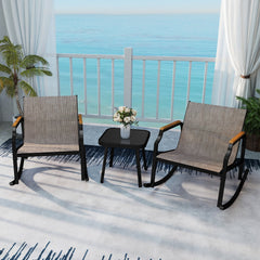 3 Piece Patio Rocking Bistro Set, 2 Sling Rockers Rated 330 lb with 22 in Seats, Wood Plastic Armrests and Glass Top Table, Brown
