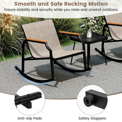 3 Piece Patio Rocking Bistro Set, 2 Sling Rockers Rated 330 lb with 22 in Seats, Wood Plastic Armrests and Glass Top Table, Brown