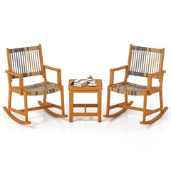 3 Piece Acacia Wood Rocking Bistro Set, 2 Rockers Rated 400 lb with Woven Round PE Rattan Seats and 18 in Slatted Side Table