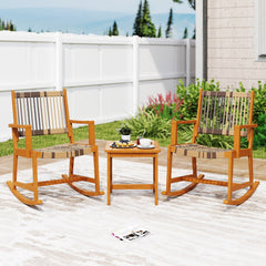 3 Piece Acacia Wood Rocking Bistro Set, 2 Rockers Rated 400 lb with Woven Round PE Rattan Seats and 18 in Slatted Side Table