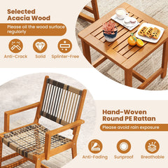 3 Piece Acacia Wood Rocking Bistro Set, 2 Rockers Rated 400 lb with Woven Round PE Rattan Seats and 18 in Slatted Side Table