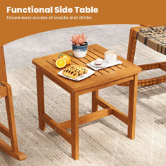 3 Piece Acacia Wood Rocking Bistro Set, 2 Rockers Rated 400 lb with Woven Round PE Rattan Seats and 18 in Slatted Side Table